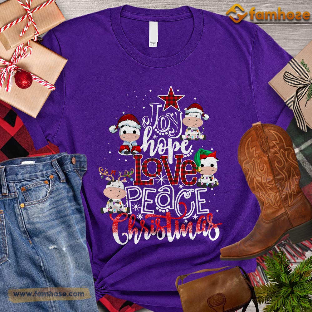 Cute Christmas Cow T-shirt, Joy Hope Love Peace Christmas Cow With Santa Hats Gift For Cow Lovers, Cow Farm, Cow Tees