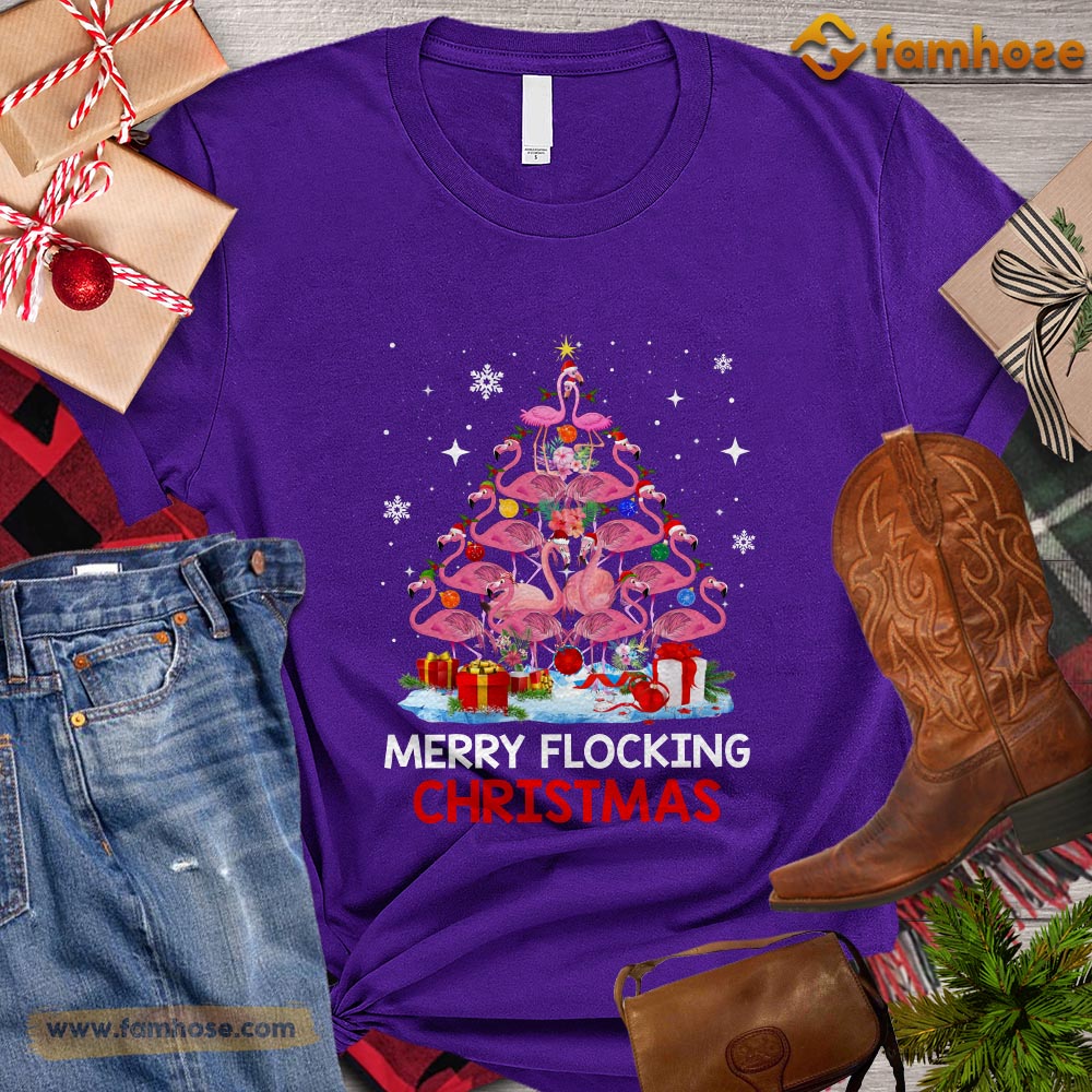 Christmas Flamingo T-shirt, Merry Flocking Christmas Tree Gift For Flamingo Lover, Flamingo Owners, Flamingo Tees