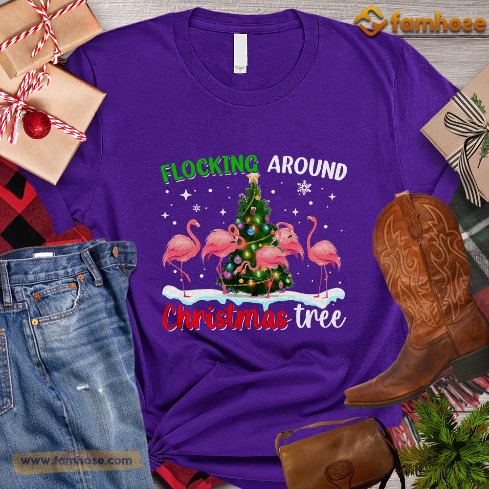 Christmas Flamingo T-shirt, Flocking Around Christmas Tree Christmas Gift For Flamingo Lover, Flamingo Owners, Flamingo Tees