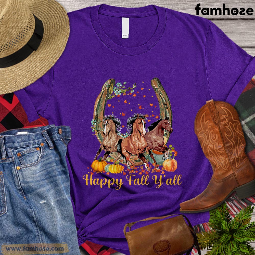 Thanksgiving Horse T-shirt, Happy Fall Yall Horseshoe Pumpkin Thanksgiving Gift For Horse Lovers, Horse Riders, Equestrians