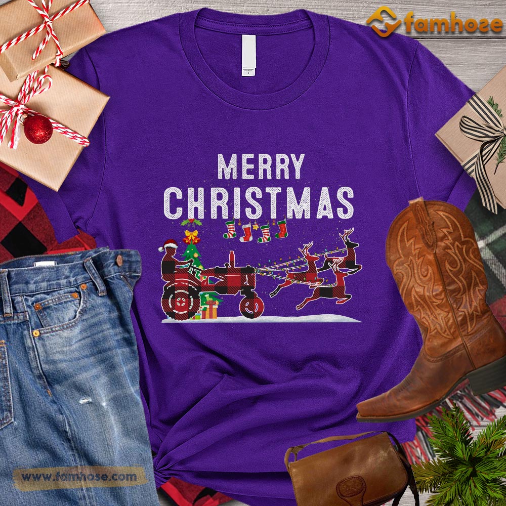 Christmas Tractor T-shirt, Merry Christmas Tractor Deer Pulling Santa Claus Gift For Tractor Lovers, Tractor Farm, Tractor Tees