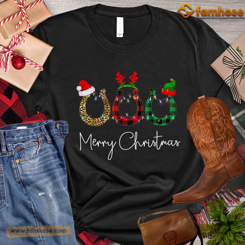 Christmas Horse T-shirt, Merry Christmas Horseshoe Santa ELF Reindeer Gift For Horse Lovers, Horse Riders, Equestrians