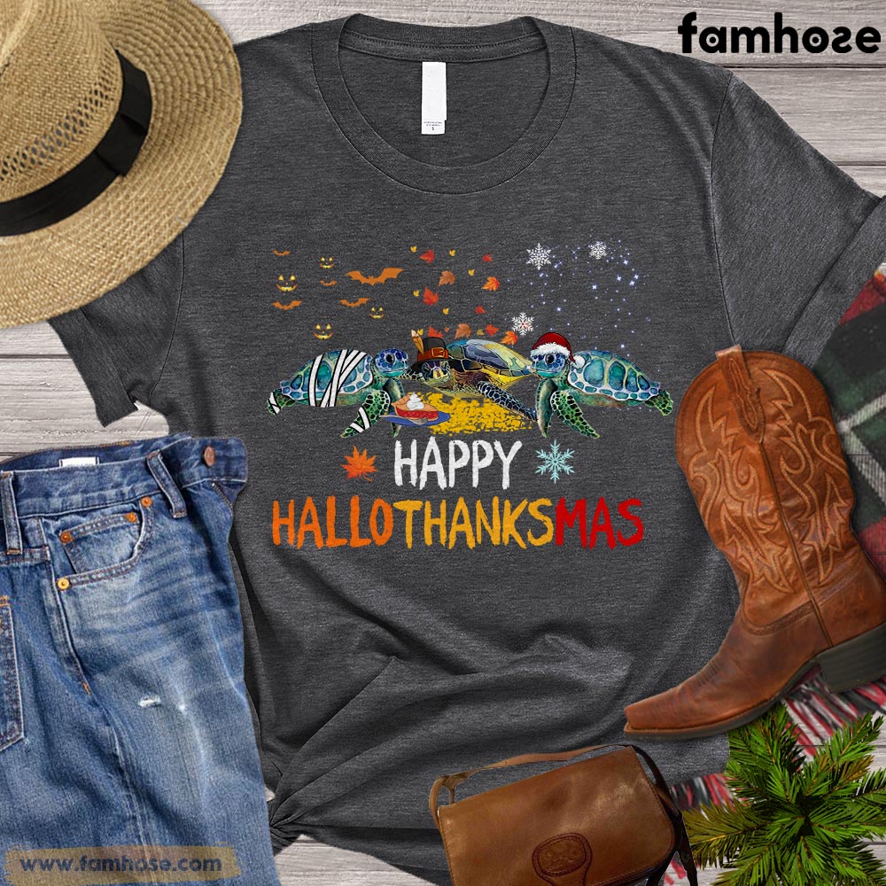 Turtle T-shirt, Happy Hallo Thankmas Halloween Thanksgiving Christmas Turtle Shirt Gift For Turtle Lovers