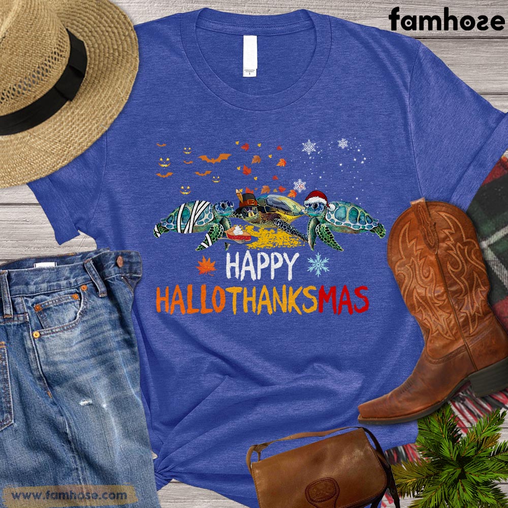 Turtle T-shirt, Happy Hallo Thankmas Halloween Thanksgiving Christmas Turtle Shirt Gift For Turtle Lovers