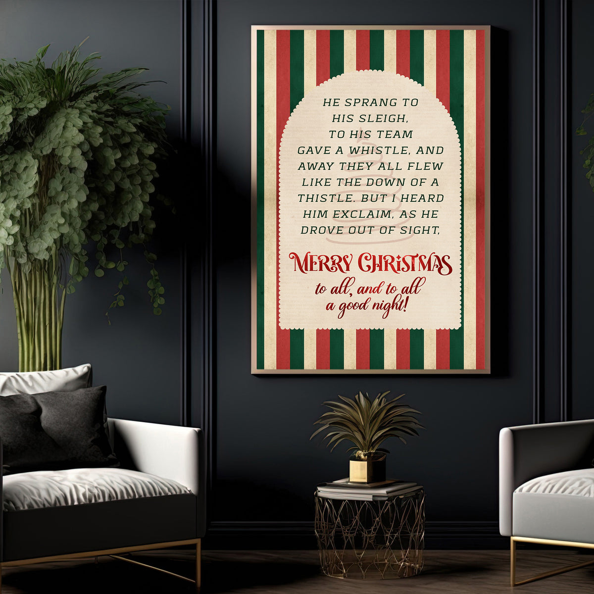 Merry Christmas Quote Canvas Painting, He Sprang To His Sleigh Wall Art Decor, Xmas Poster Gift