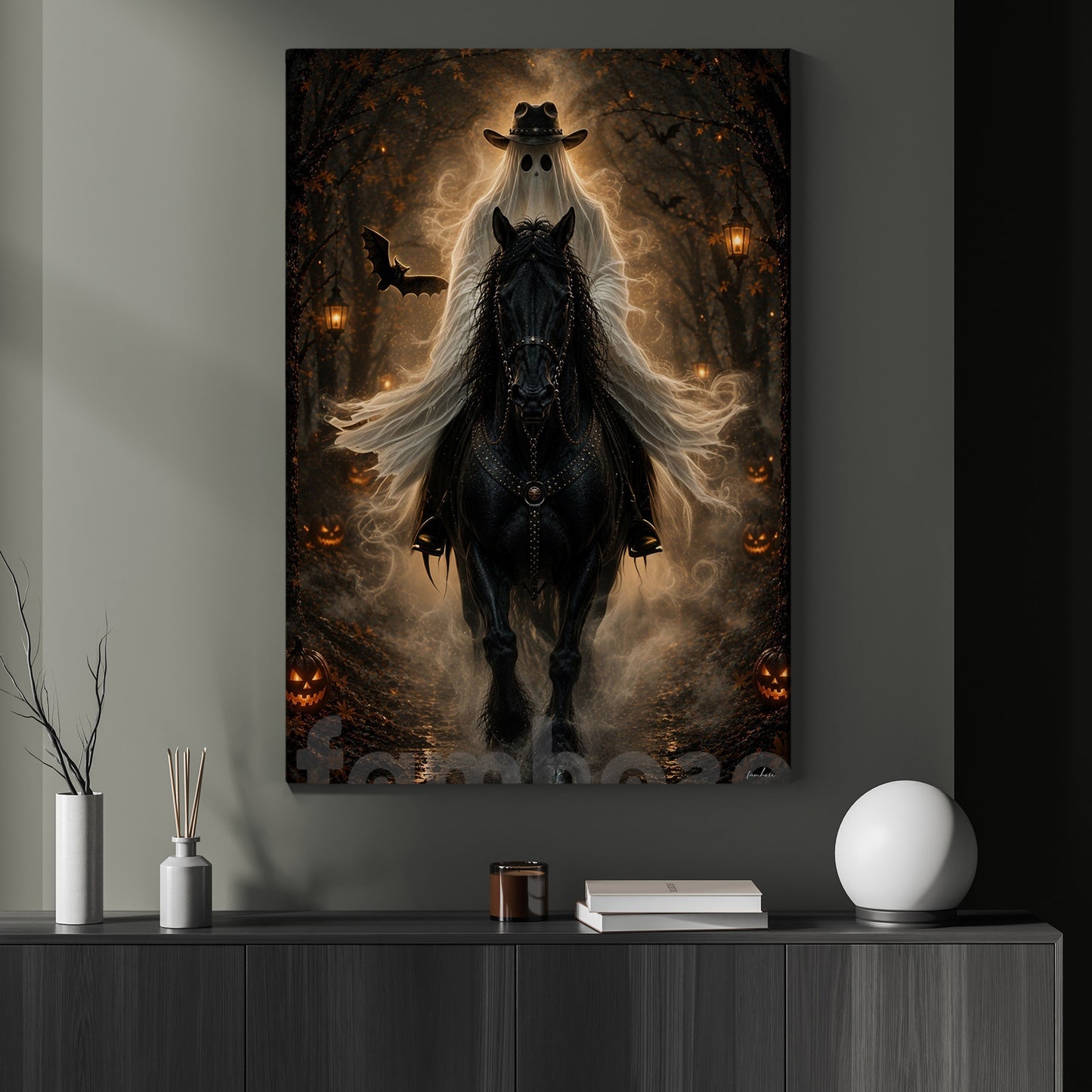 Halloween Cowboy Ghost Canvas Painting, The Ghost Rider Rides Again Wall Art Decor, Spooky Season Poster Gift For Cowboys