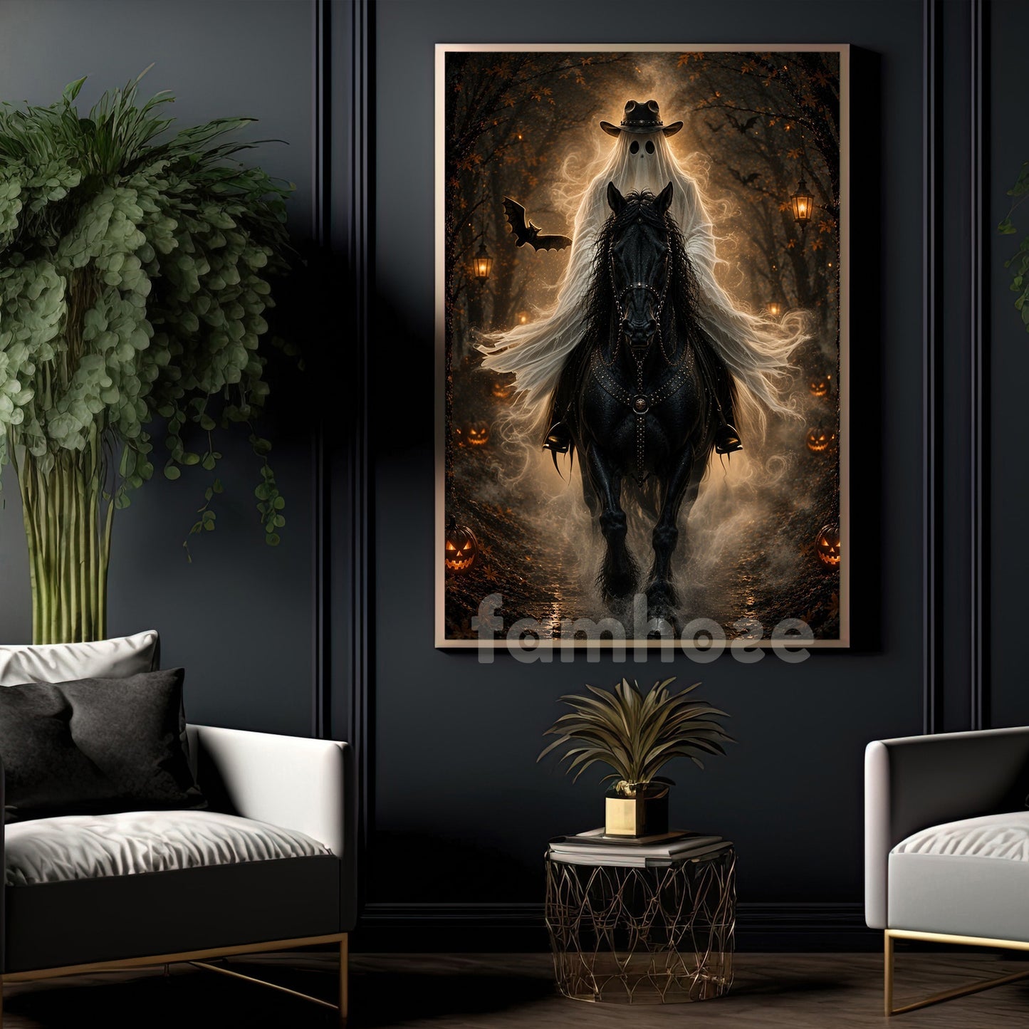 Halloween Cowboy Ghost Canvas Painting, The Ghost Rider Rides Again Wall Art Decor, Spooky Season Poster Gift For Cowboys