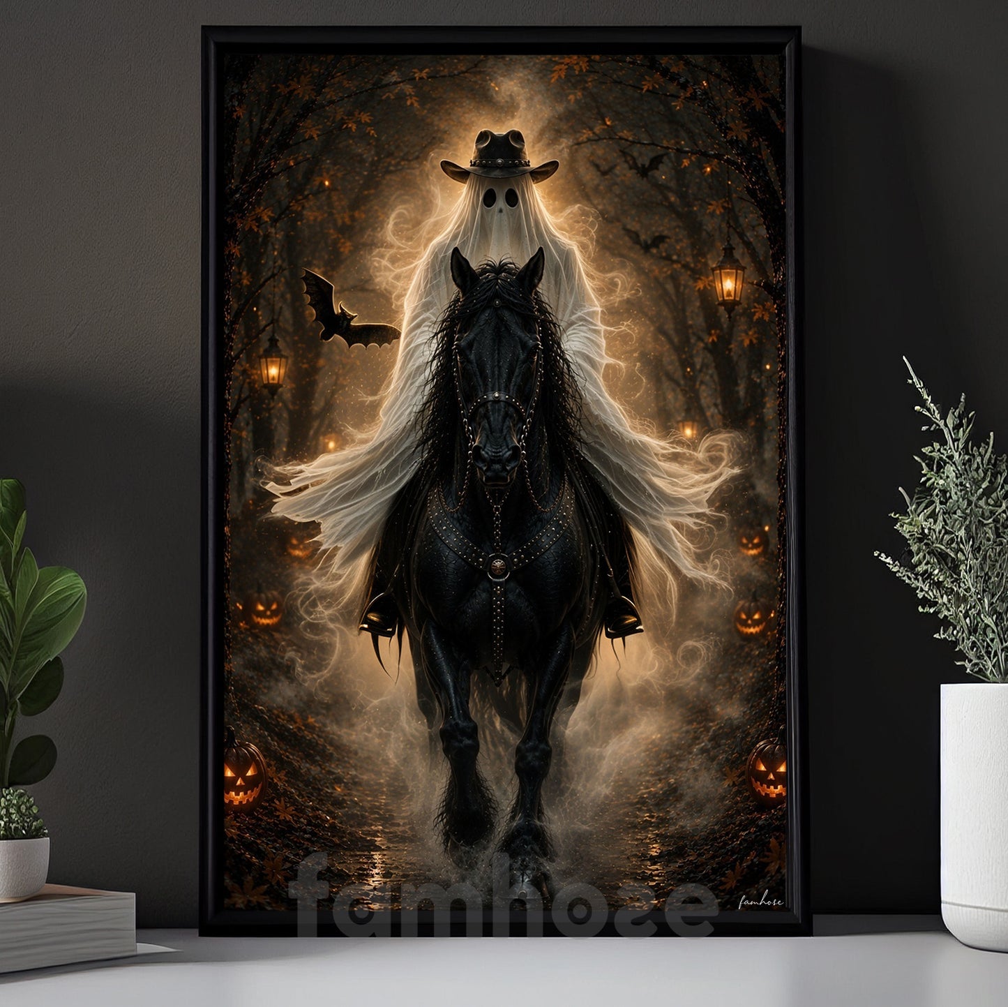 Halloween Cowboy Ghost Canvas Painting, The Ghost Rider Rides Again Wall Art Decor, Spooky Season Poster Gift For Cowboys