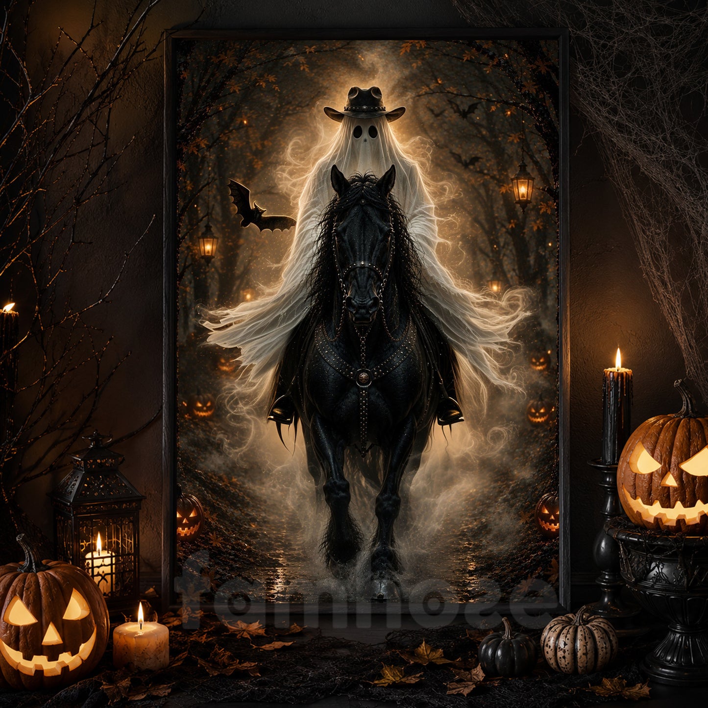 Halloween Cowboy Ghost Canvas Painting, The Ghost Rider Rides Again Wall Art Decor, Spooky Season Poster Gift For Cowboys