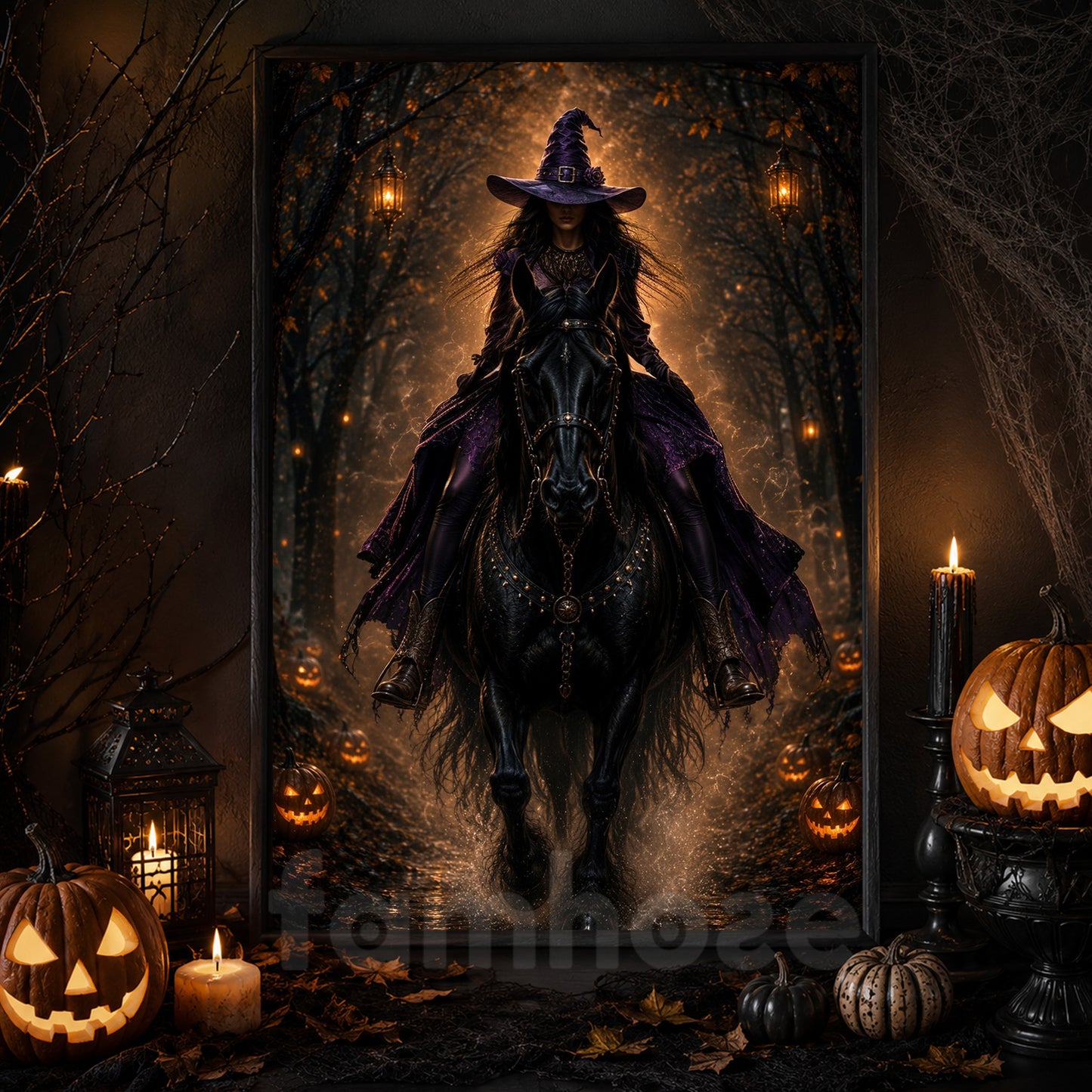 Halloween Witch Riding Horse Canvas Painting, Midnight Ride Of The Witch Wall Art Decor, Spooky Season Poster Gift For Horse Girls