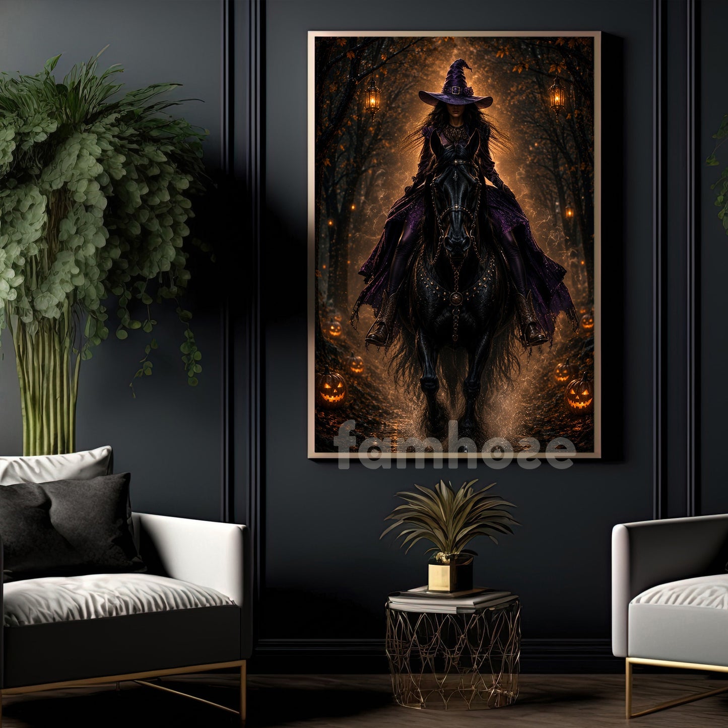 Halloween Witch Riding Horse Canvas Painting, Midnight Ride Of The Witch Wall Art Decor, Spooky Season Poster Gift For Horse Girls