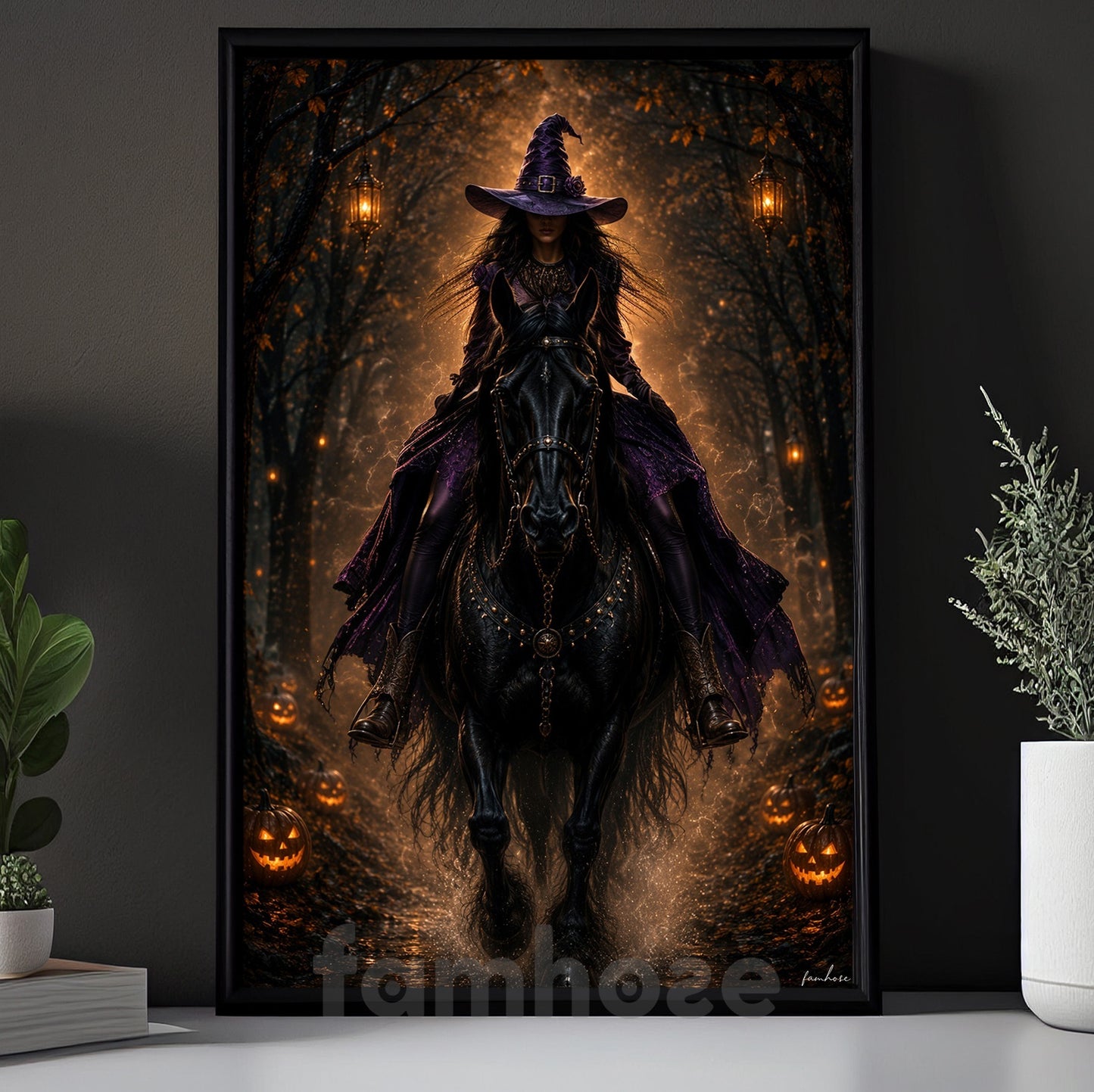 Halloween Witch Riding Horse Canvas Painting, Midnight Ride Of The Witch Wall Art Decor, Spooky Season Poster Gift For Horse Girls