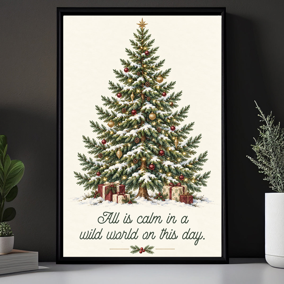 Cozy Christmas Tree Canvas Painting, All Is Calm In A Wild World On This Day Wall Art Decor, Xmas Quote Poster Gift