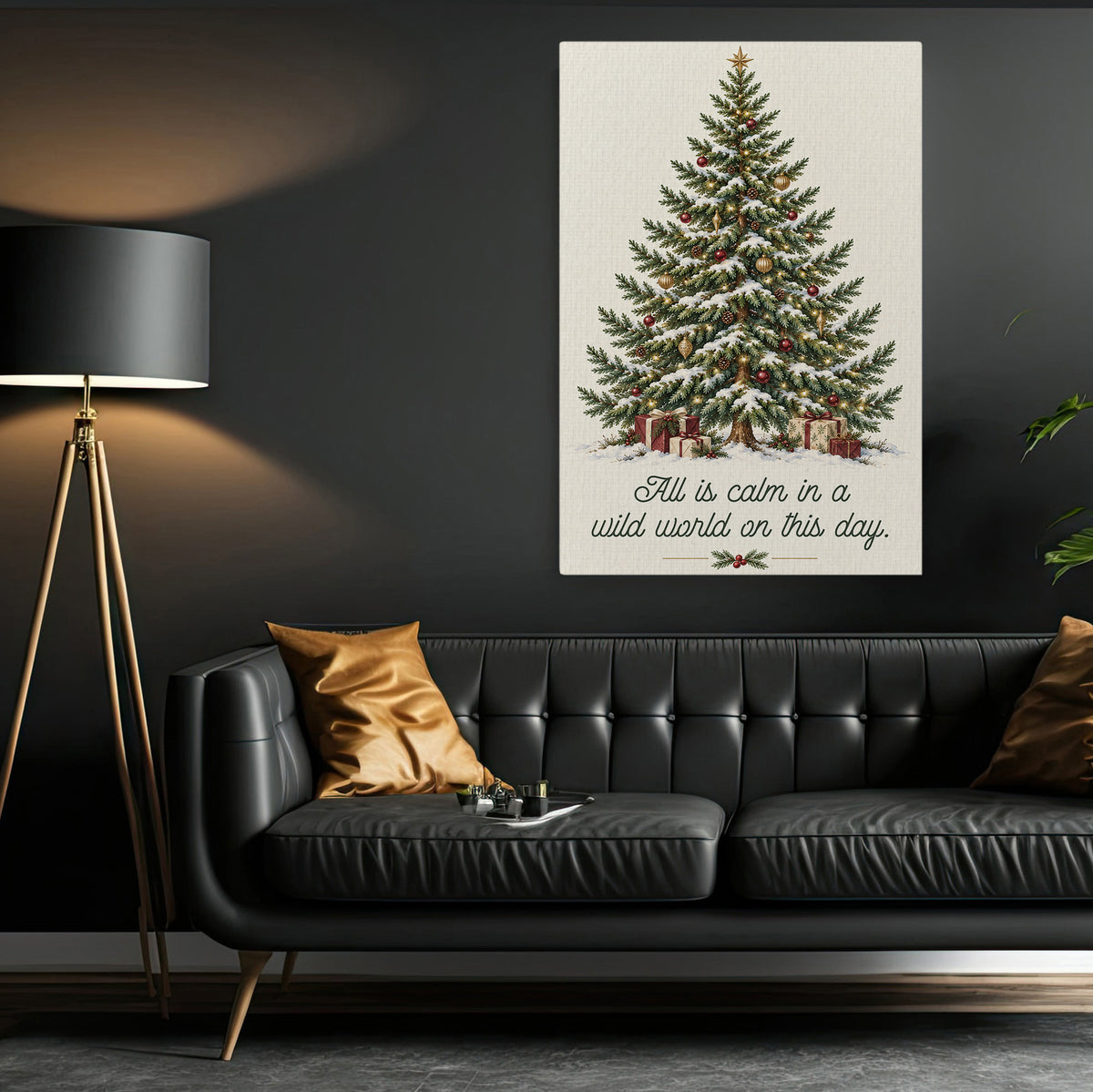 Cozy Christmas Tree Canvas Painting, All Is Calm In A Wild World On This Day Wall Art Decor, Xmas Quote Poster Gift