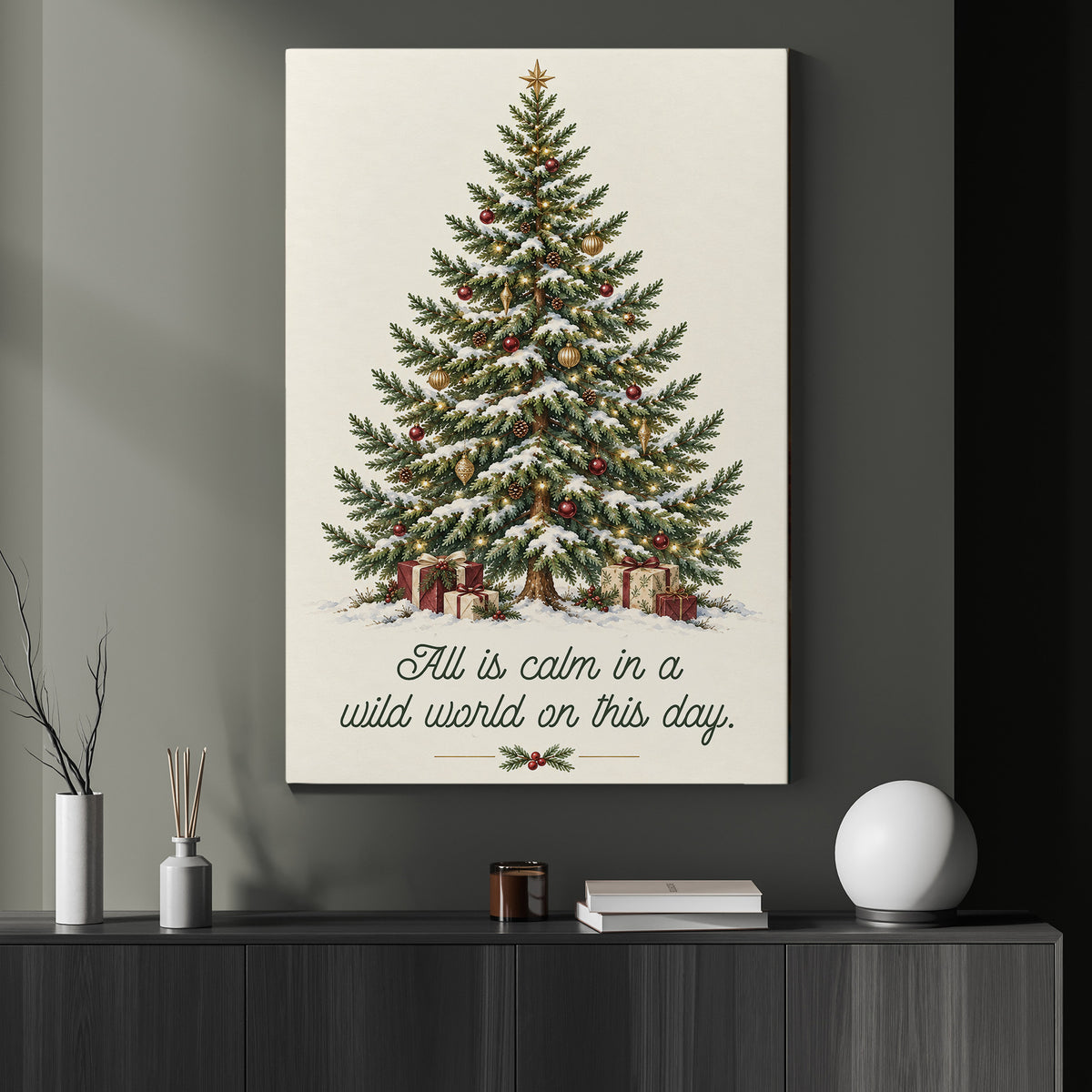 Cozy Christmas Tree Canvas Painting, All Is Calm In A Wild World On This Day Wall Art Decor, Xmas Quote Poster Gift