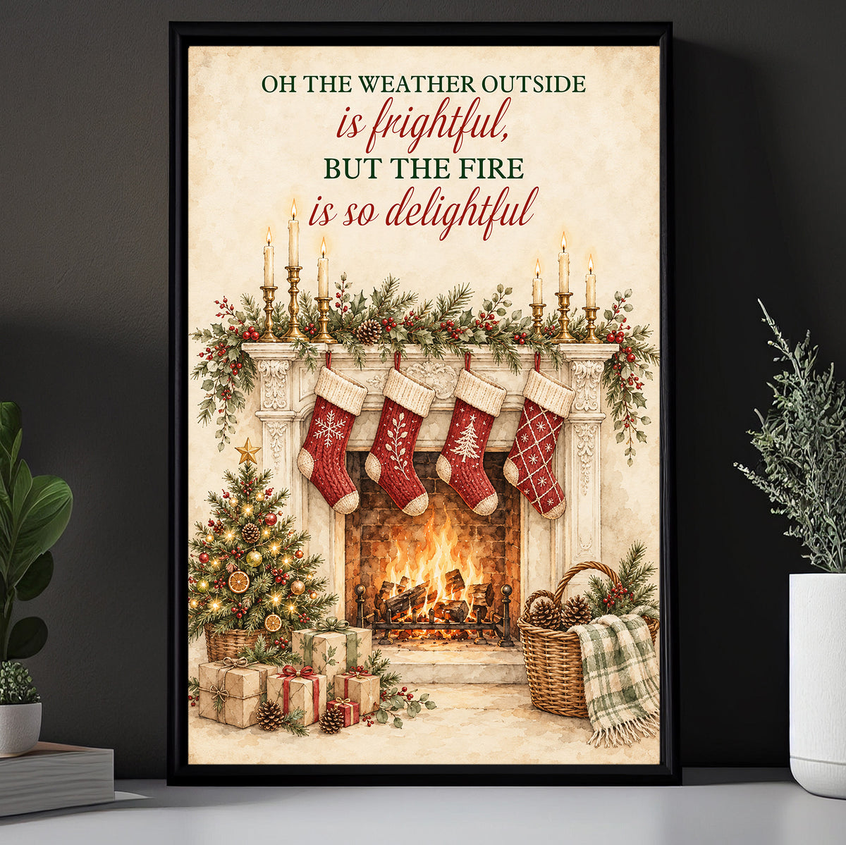 Cozy Christmas Fireplace Canvas Painting, On The Weather Outside Is Frightful Wall Art Decor, Xmas Quote Poster Gift