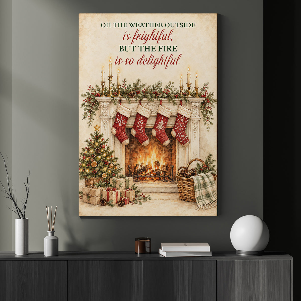 Cozy Christmas Fireplace Canvas Painting, On The Weather Outside Is Frightful Wall Art Decor, Xmas Quote Poster Gift