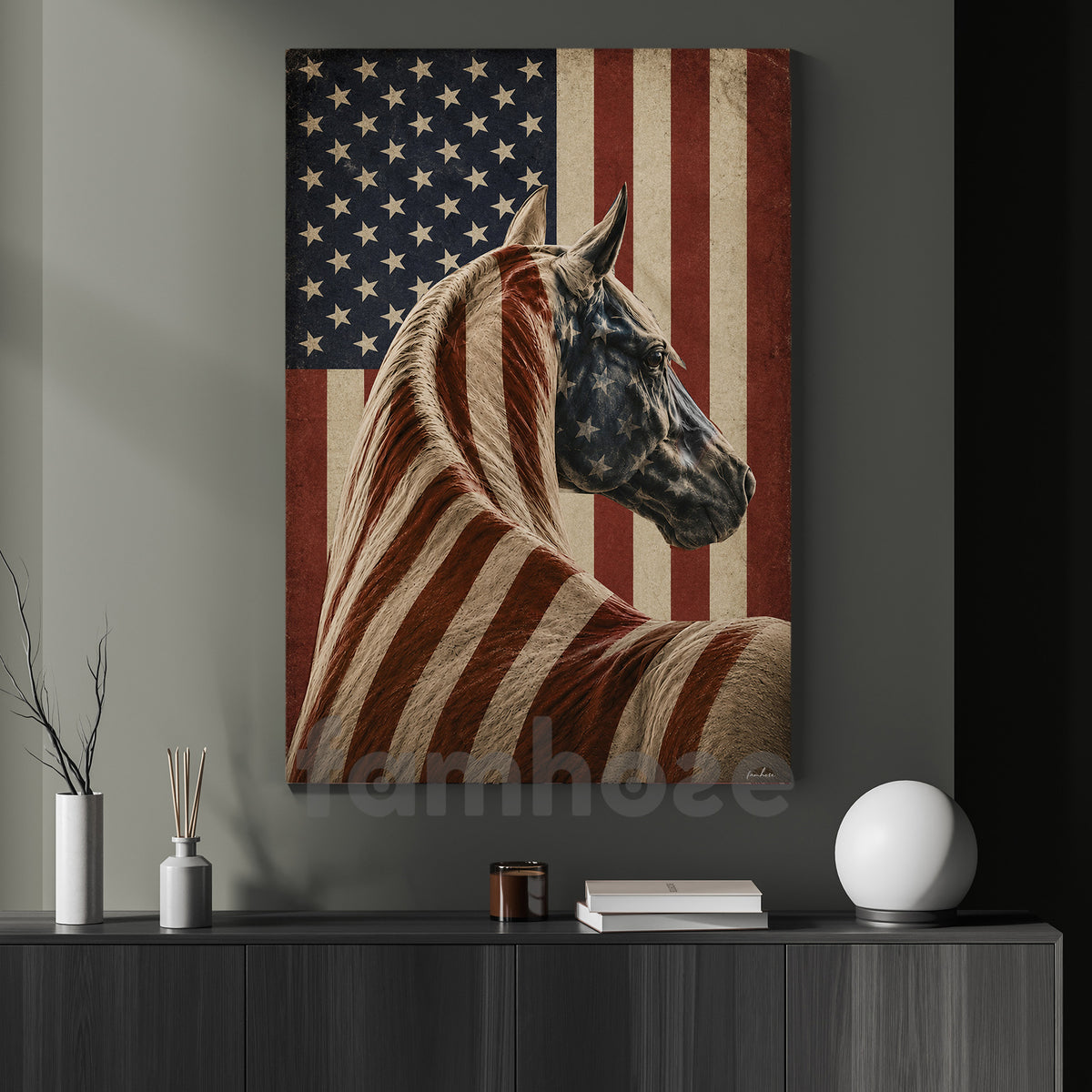 July 4th Horse USA Flag Canvas Painting, Spirit Of America Horse Wall Art Decor, Independence Day Poster Gift For Horse Lover