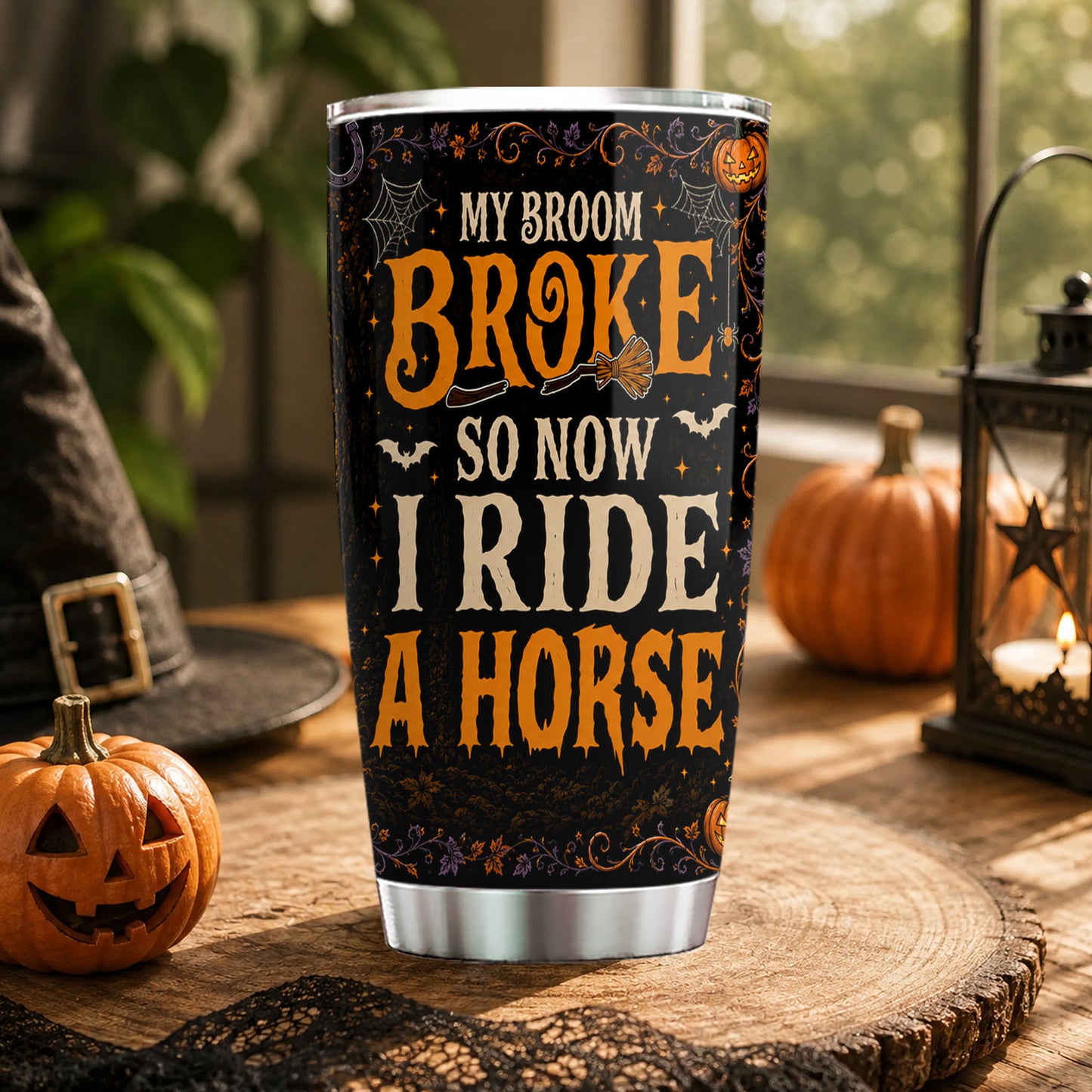 Personalized Halloween Witch Riding Horse Tumbler, My Broom Broke So Now I Ride A Horse, Spooky Season Stainless Steel Tumbler, Travel Mug Tumblers Gift For Horse Girl