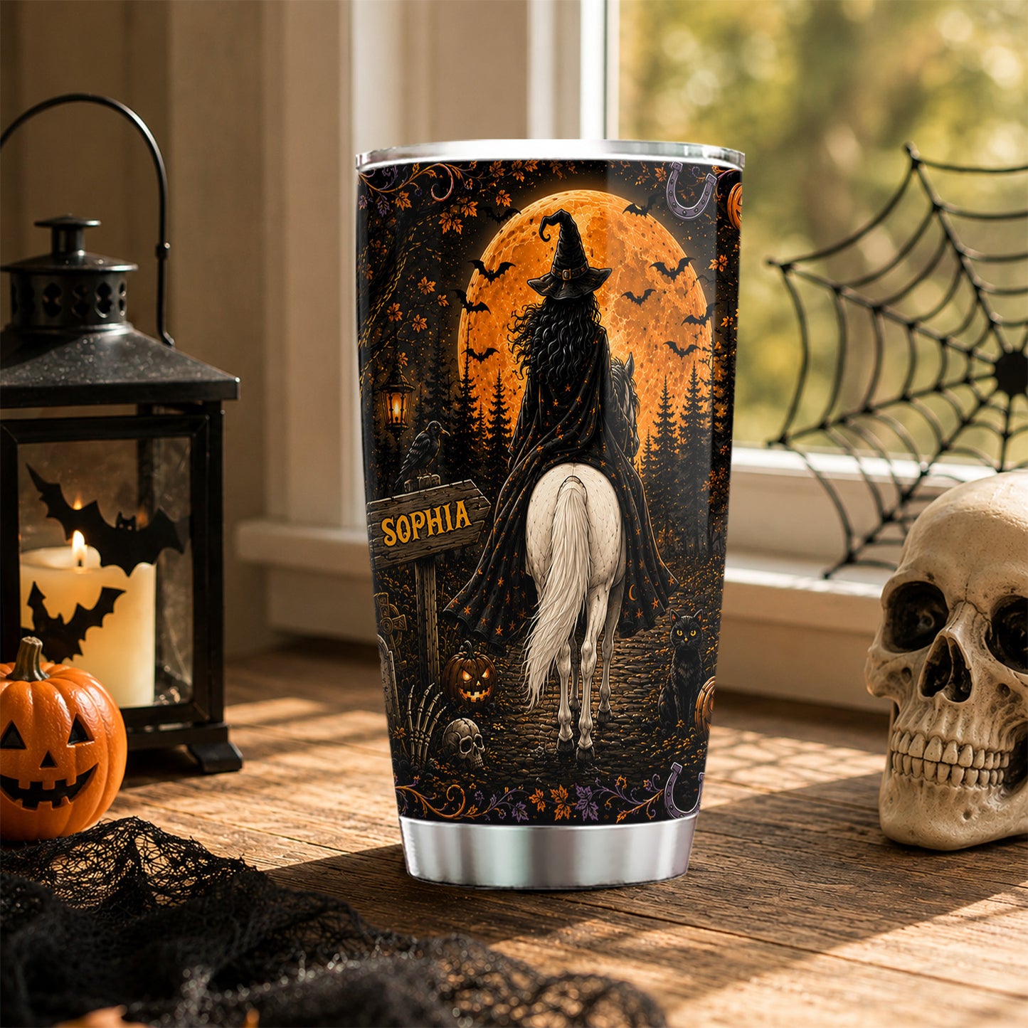 Personalized Halloween Witch Riding Horse Tumbler, My Broom Broke So Now I Ride A Horse, Spooky Season Stainless Steel Tumbler, Travel Mug Tumblers Gift For Horse Girl