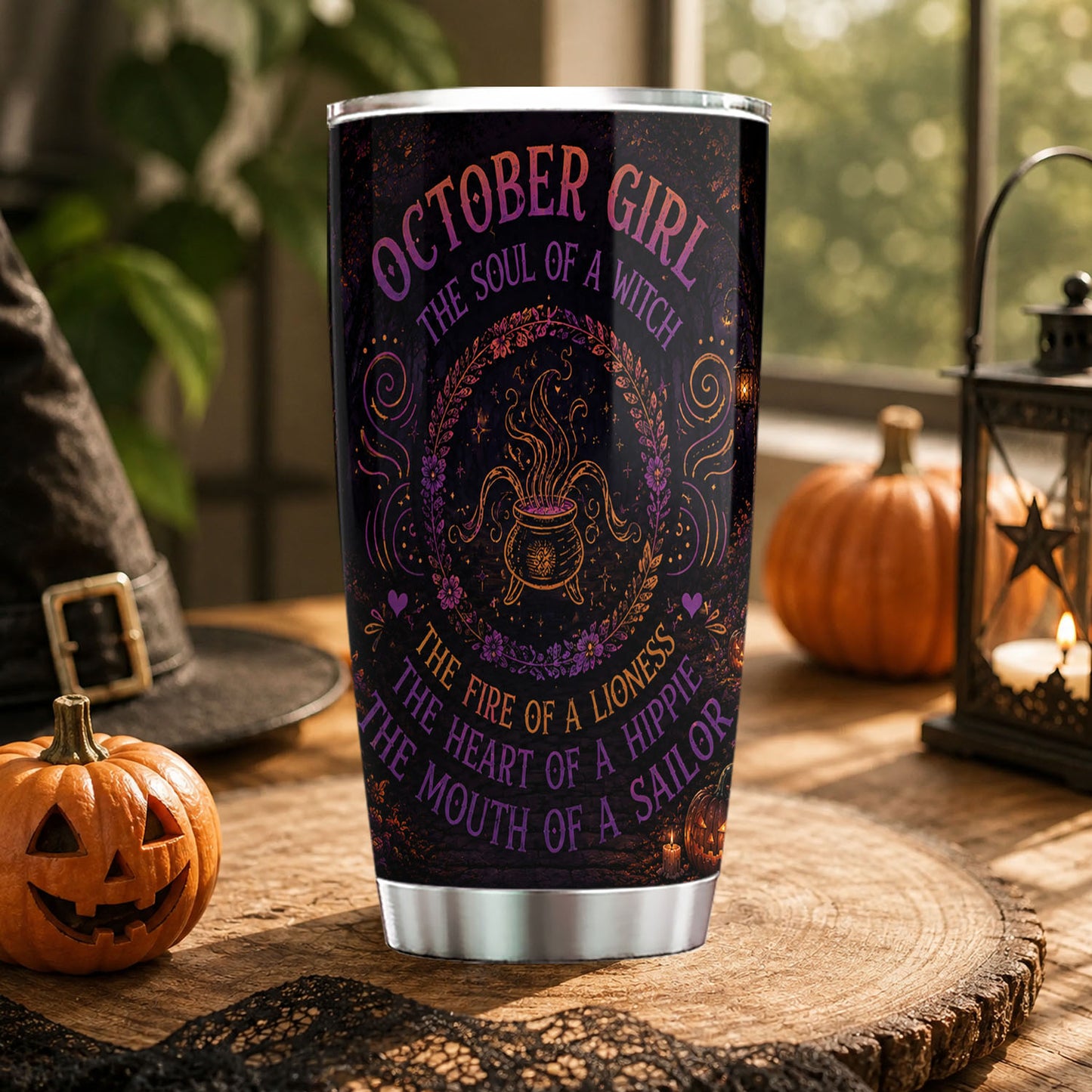 Personalized Halloween Witch Tumbler, October Girl With The Soul Of A Witch, Spooky Season Stainless Steel Tumbler, Travel Mug Tumblers Gift For Witch Lover