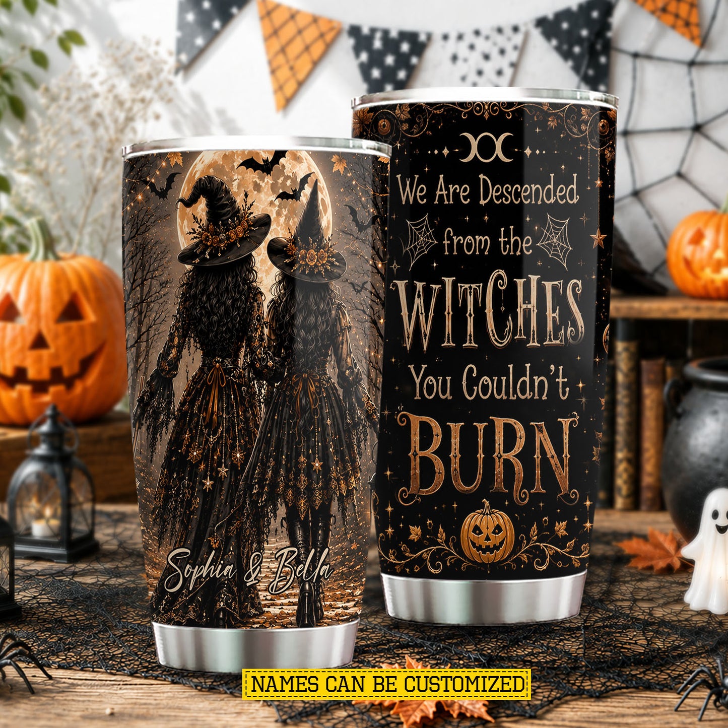 Personalized Halloween Couple Witch Tumbler, We Are Descended From The Witches, Spooky Season Stainless Steel Tumbler, Travel Mug Tumblers Gift For Your Best Friend