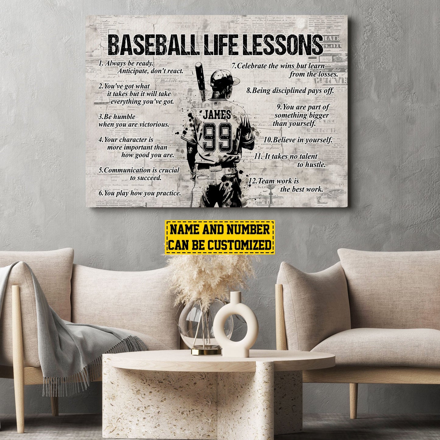 Baseball Life Lessons, Personalized Motivational Baseball Canvas Painting, Inspirational Quotes Wall Art Decor, Poster Gift For Baseball Lovers
