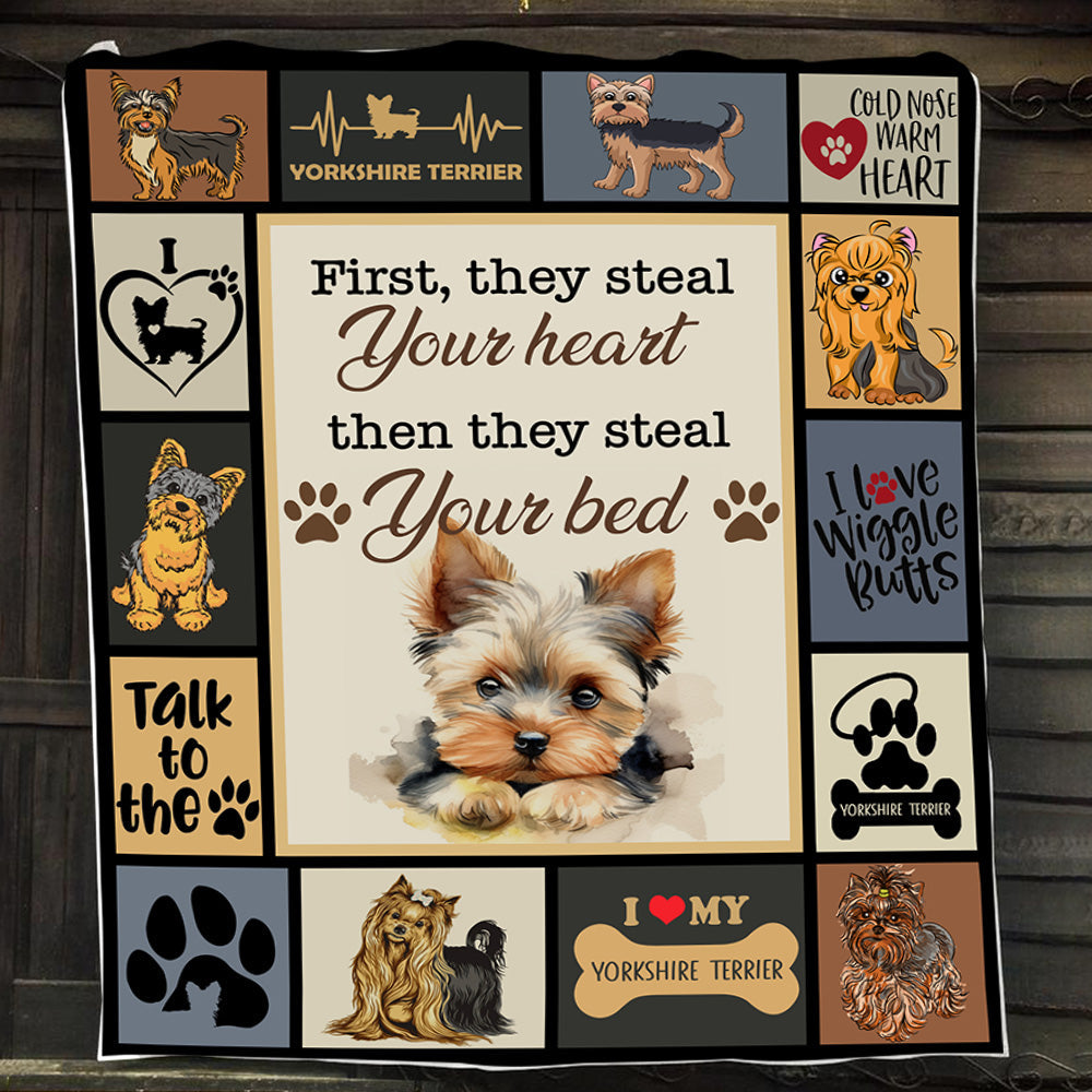 Funny Dog Blanket, Yorkshire Terrier First They Steal Your Heart Then They Steal Your Bed Fleece Blanket - Sherpa Blanket Gift For Dog Lovers, Dog Owners