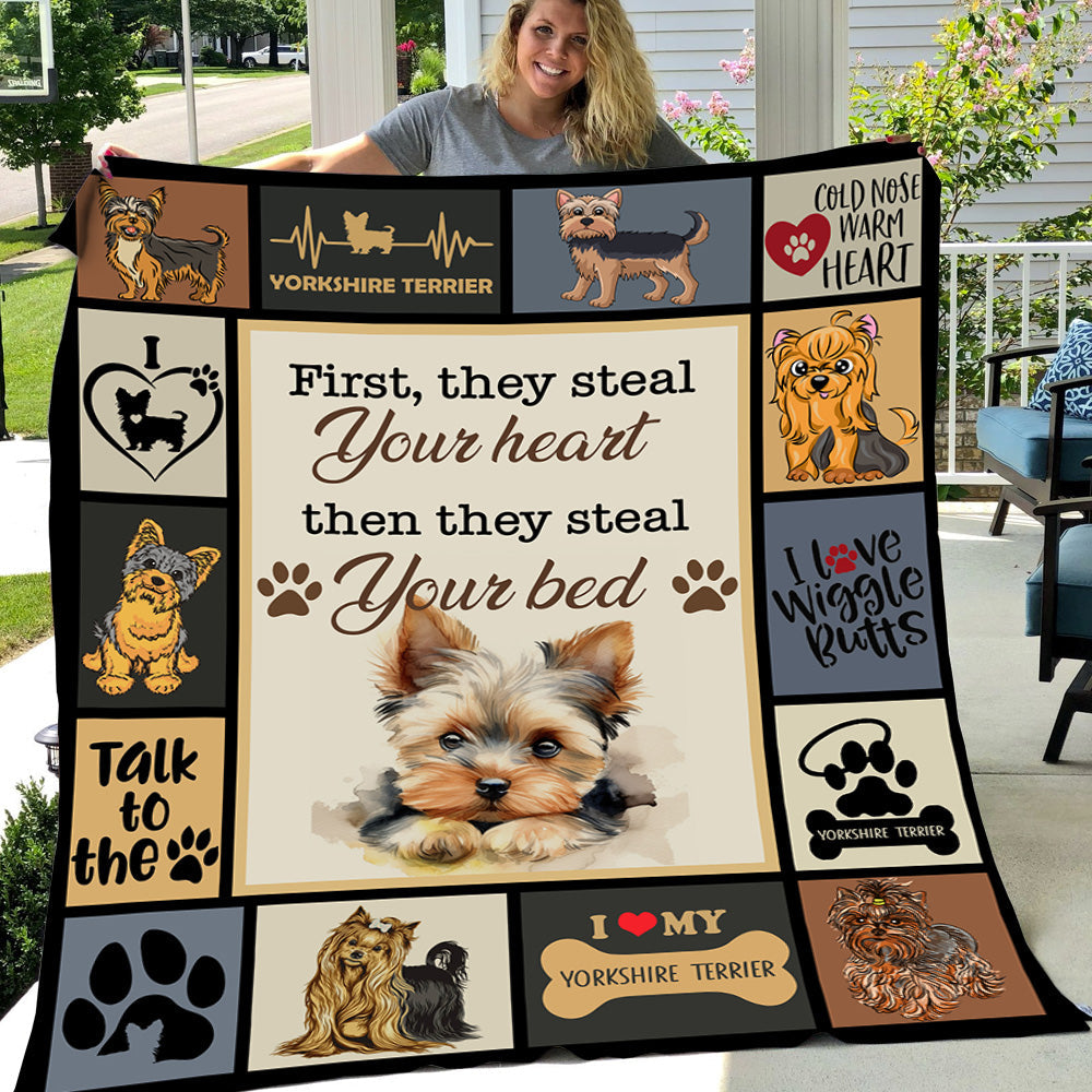 Funny Dog Blanket, Yorkshire Terrier First They Steal Your Heart Then They Steal Your Bed Fleece Blanket - Sherpa Blanket Gift For Dog Lovers, Dog Owners