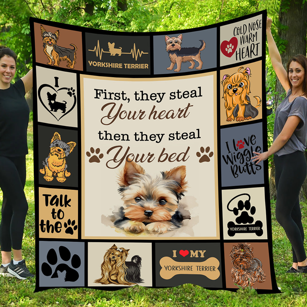 Funny Dog Blanket, Yorkshire Terrier First They Steal Your Heart Then They Steal Your Bed Fleece Blanket - Sherpa Blanket Gift For Dog Lovers, Dog Owners