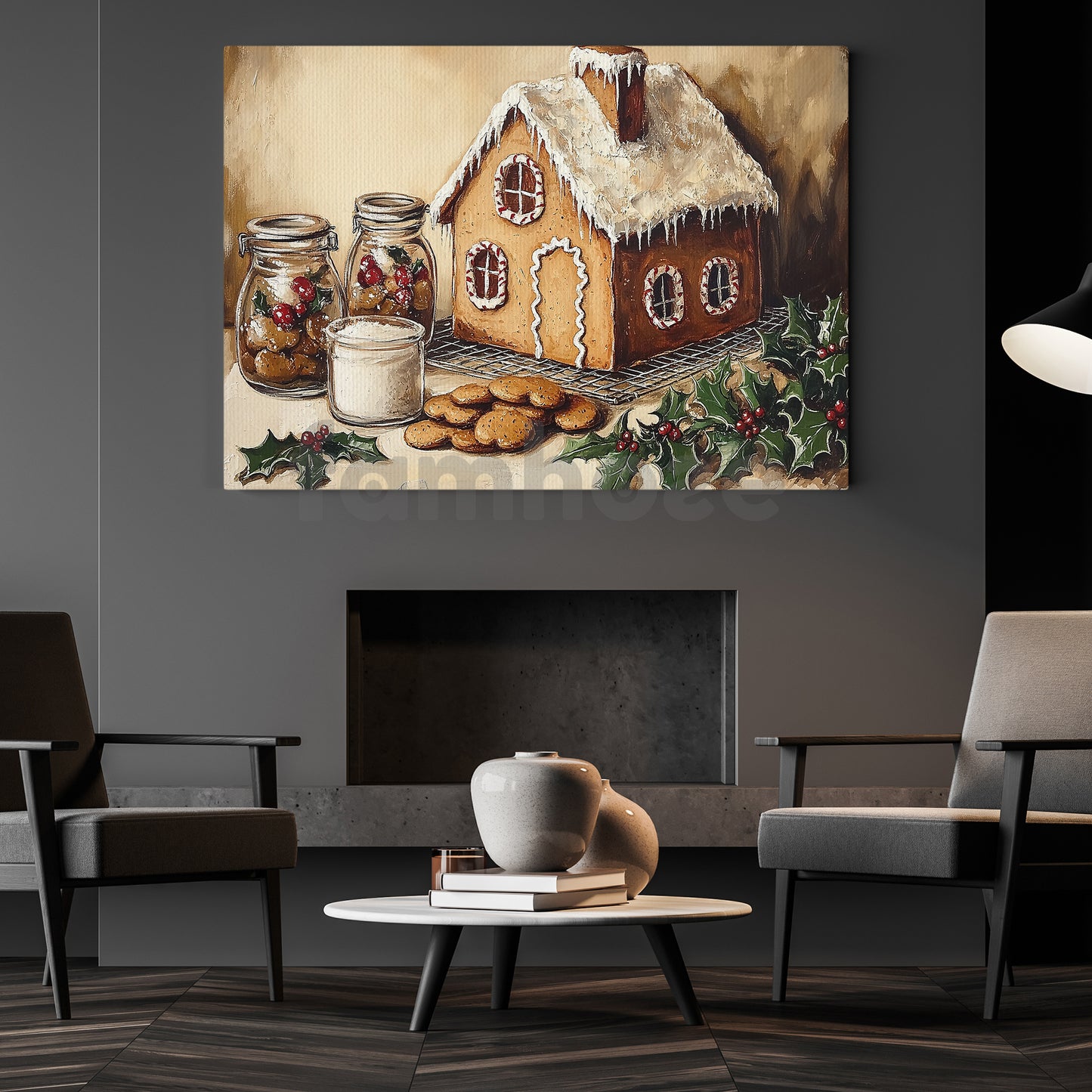 Cozy Christmas Gingerbread House Canvas Painting, Sweet Holiday Treats Kitchen Wall Art Decor, Xmas Poster Gift For Gingerbread Lovers