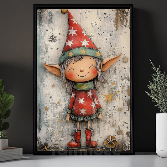 Cute Christmas Elf Canvas Painting, Festive Elf Wall Art Decor, Xmas Poster Gift For Elf Lovers