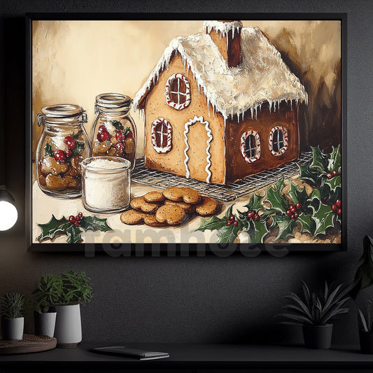 Cozy Christmas Gingerbread House Canvas Painting, Sweet Holiday Treats Kitchen Wall Art Decor, Xmas Poster Gift For Gingerbread Lovers