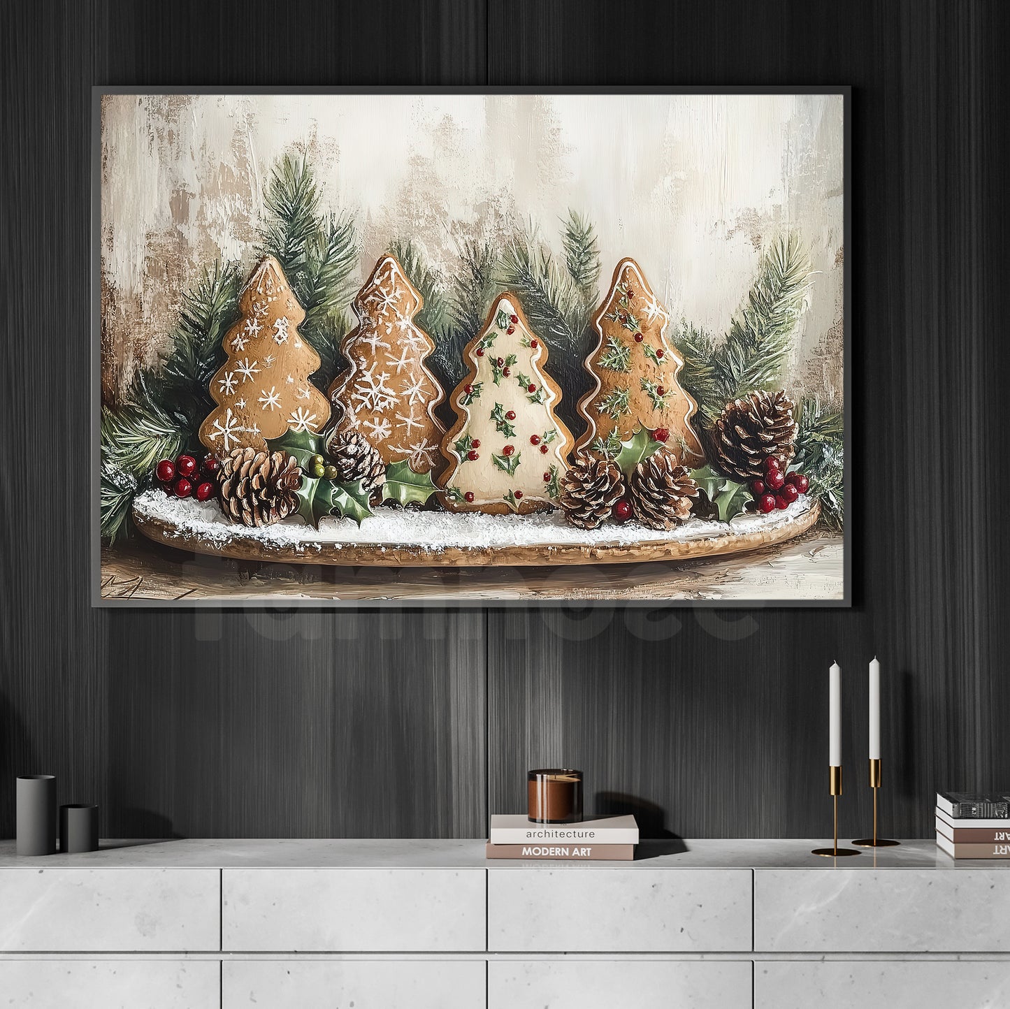 Christmas Gingerbread Canvas Painting, A Sweet Tree Wall Art Decor, Xmas Poster Gift For Gingerbread Lovers