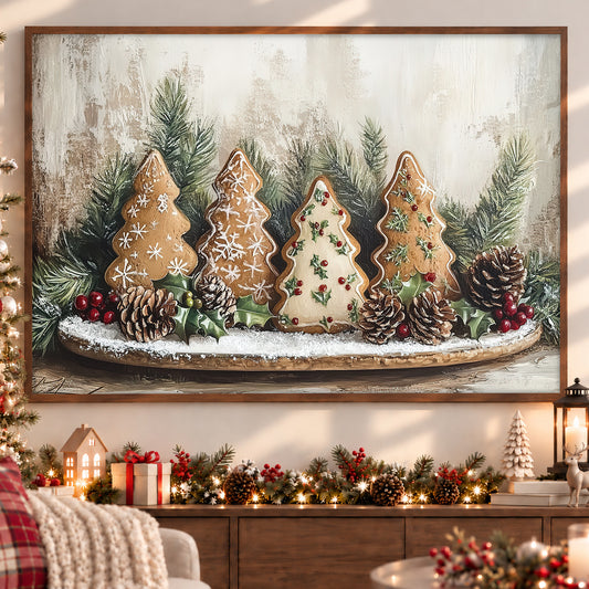 Christmas Gingerbread Canvas Painting, A Sweet Tree Wall Art Decor, Xmas Poster Gift For Gingerbread Lovers