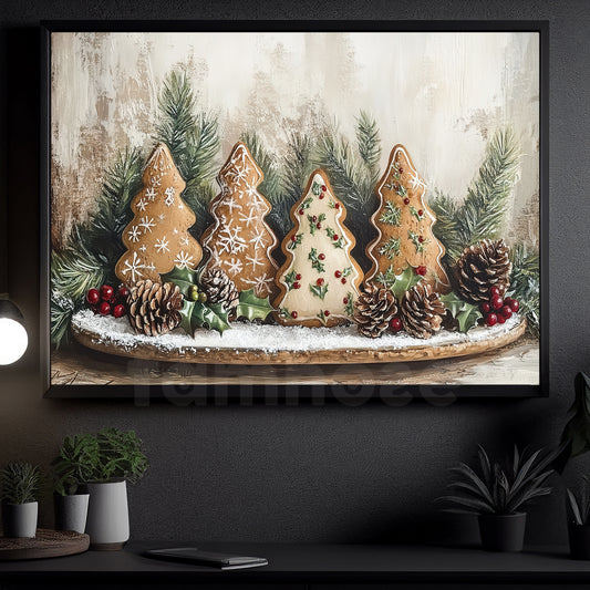 Christmas Gingerbread Canvas Painting, A Sweet Tree Wall Art Decor, Xmas Poster Gift For Gingerbread Lovers