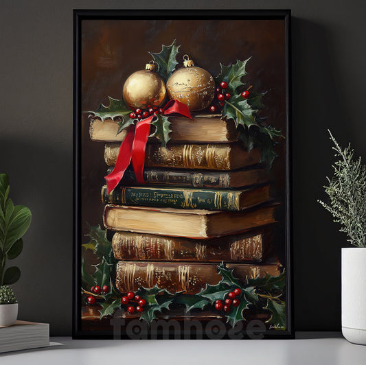 Vintage Christmas Book Canvas Painting, Holiday Classics With Golden Ornaments Wall Art Decor, Xmas Poster Gift For Book Lovers