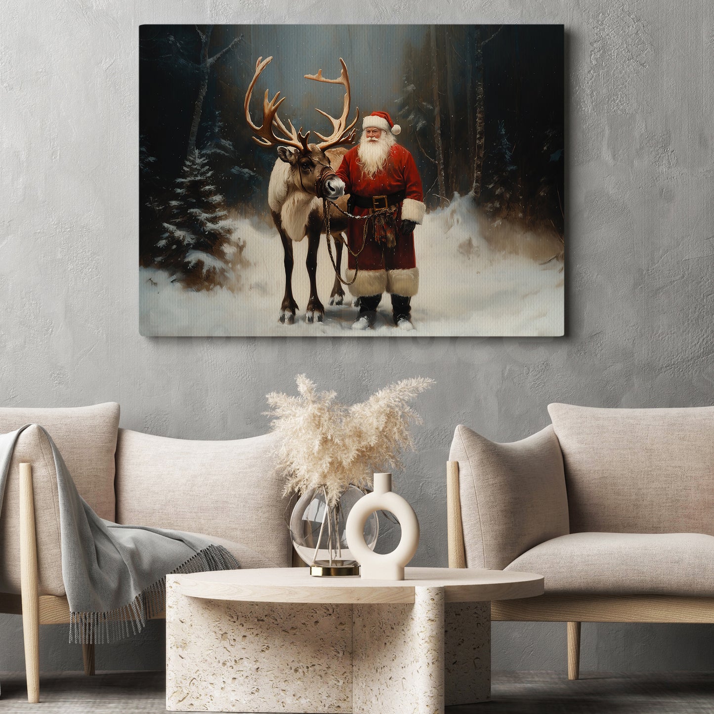 Christmas Buck Canvas Painting, Santa and His Reindeer Companion Winter Wall Art Decor, Xmas Poster Gift For Reindeer Lovers