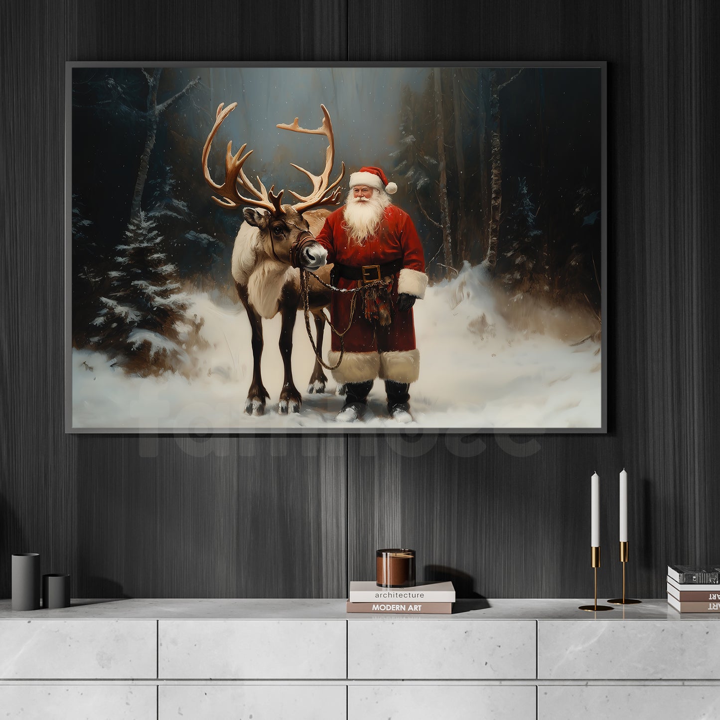 Christmas Buck Canvas Painting, Santa and His Reindeer Companion Winter Wall Art Decor, Xmas Poster Gift For Reindeer Lovers