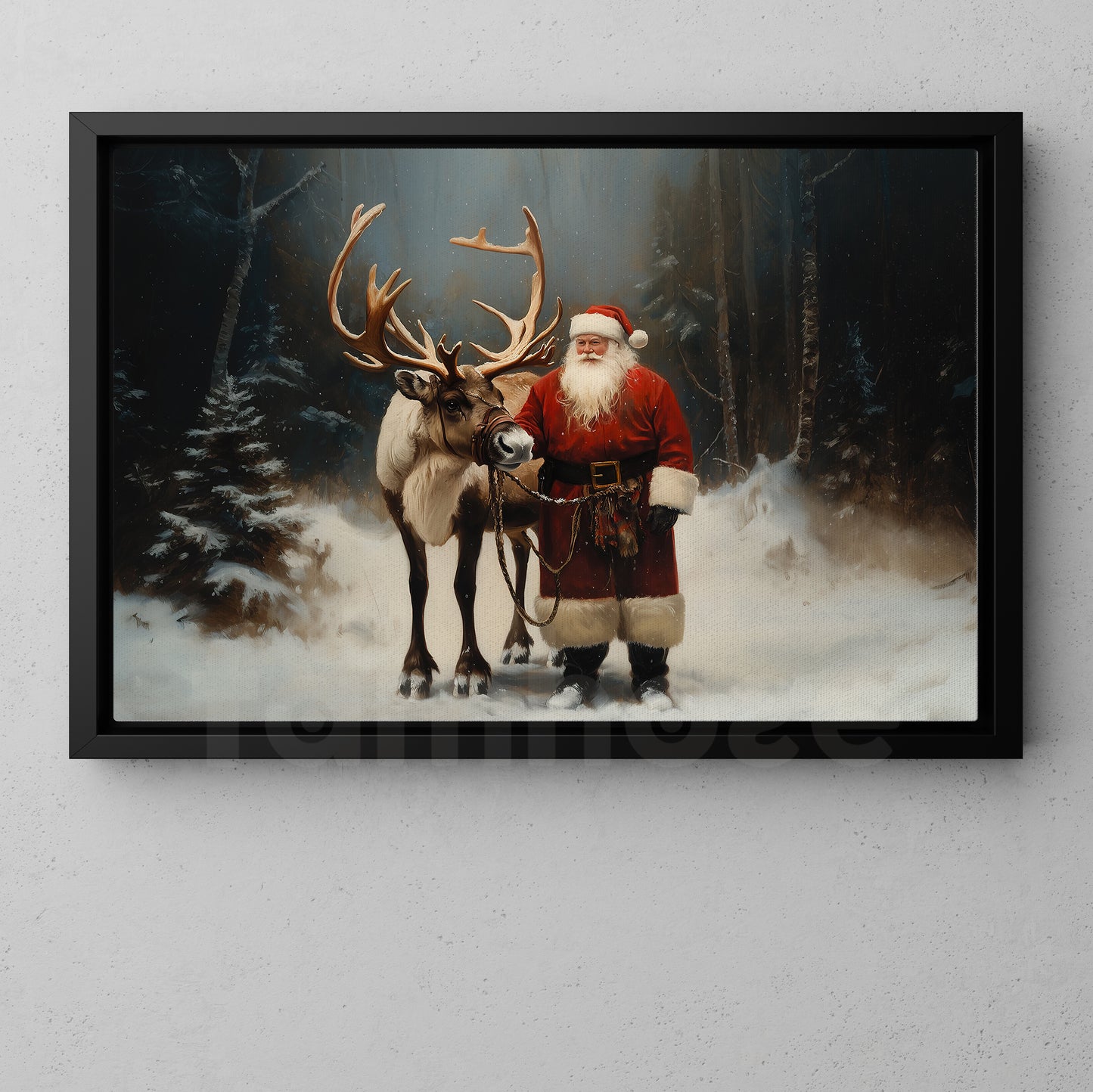 Christmas Buck Canvas Painting, Santa and His Reindeer Companion Winter Wall Art Decor, Xmas Poster Gift For Reindeer Lovers