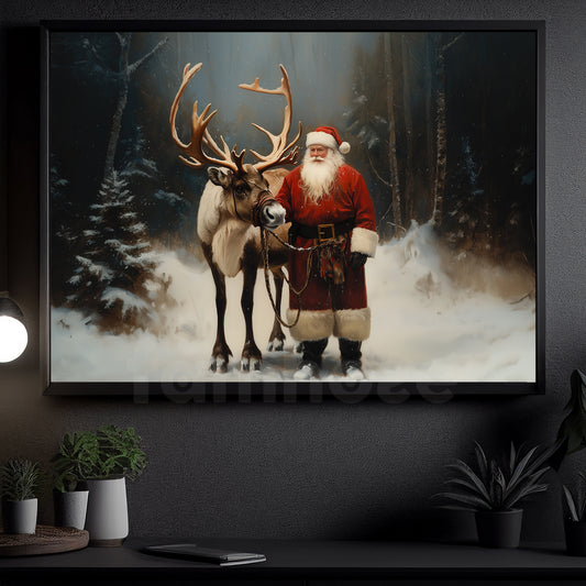 Christmas Buck Canvas Painting, Santa and His Reindeer Companion Winter Wall Art Decor, Xmas Poster Gift For Reindeer Lovers