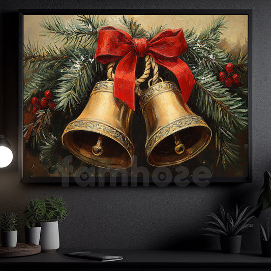 Vintage Christmas Canvas Painting, Golden Christmas Bells Wall Art Decor, Xmas Poster Gift