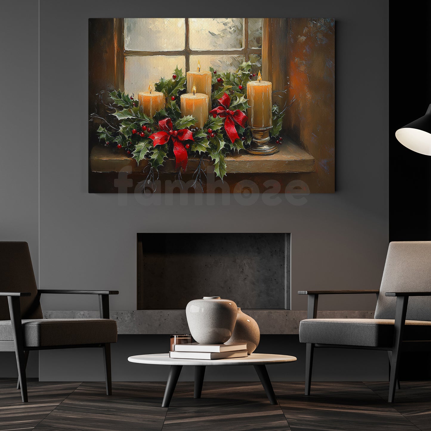 Cozy Christmas Candle Canvas Painting, Glowing Candlelit Window Wall Art Decor, Xmas Poster Gift