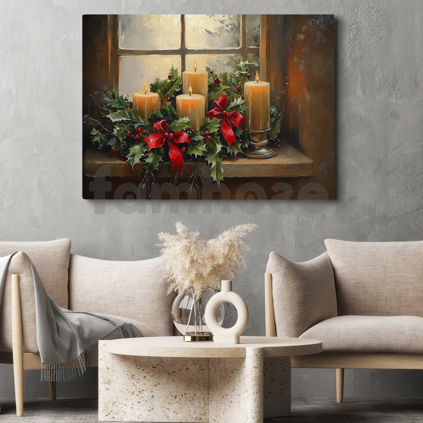 Cozy Christmas Candle Canvas Painting, Glowing Candlelit Window Wall Art Decor, Xmas Poster Gift