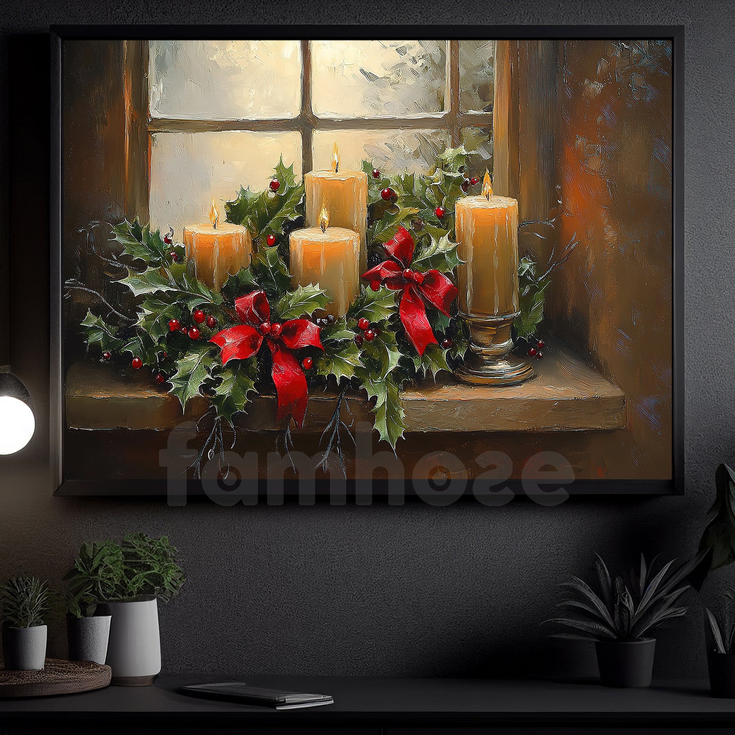 Cozy Christmas Candle Canvas Painting, Glowing Candlelit Window Wall Art Decor, Xmas Poster Gift