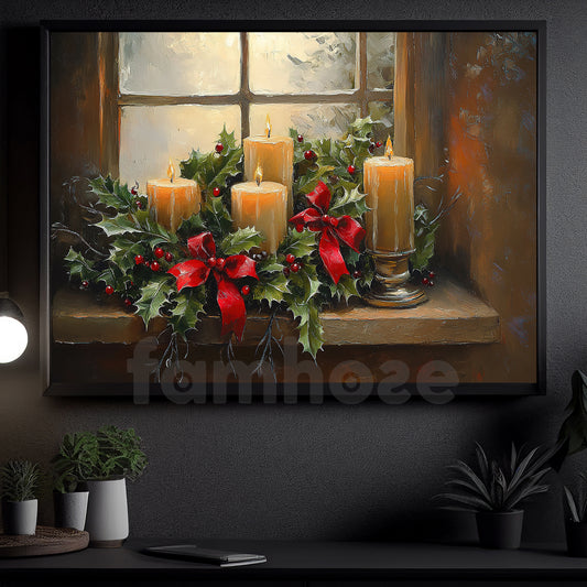 Cozy Christmas Candle Canvas Painting, Glowing Candlelit Window Wall Art Decor, Xmas Poster Gift