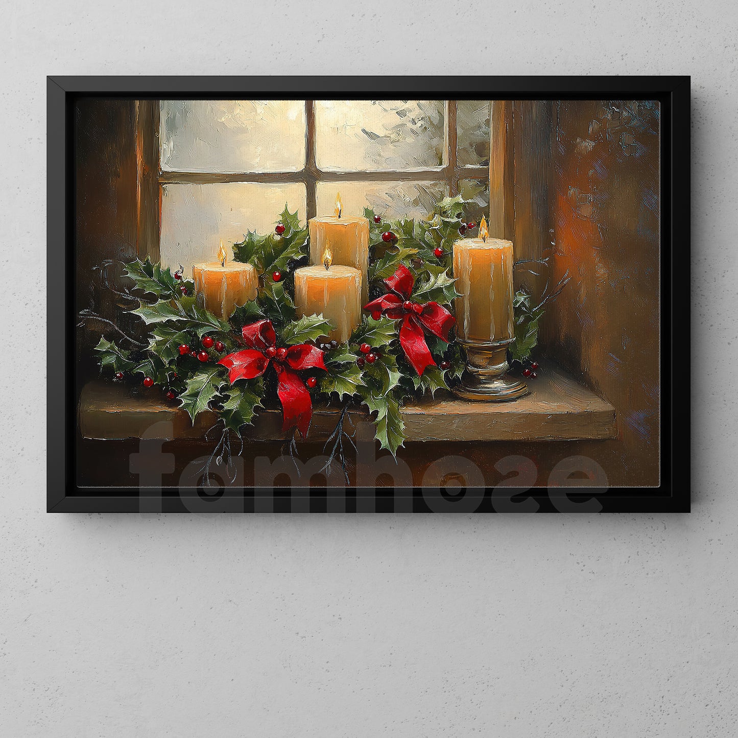 Cozy Christmas Candle Canvas Painting, Glowing Candlelit Window Wall Art Decor, Xmas Poster Gift