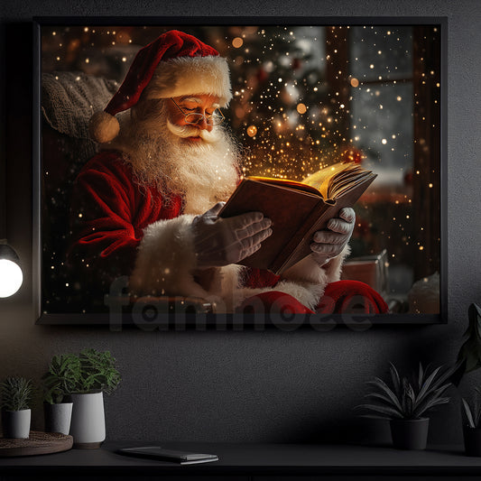 Vintage Christmas Canvas Painting, Santa Claus Reading Book Wall Art Decor, Xmas Poster Gift For Book Lovers