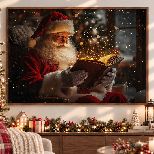 Vintage Christmas Canvas Painting, Santa Claus Reading Book Wall Art Decor, Xmas Poster Gift For Book Lovers