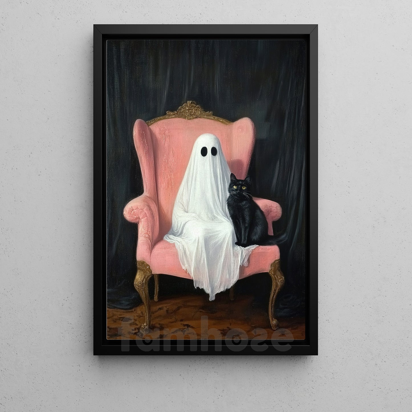 Halloween Boo Cat Canvas Painting, Haunted Chair Ghost And Cat Wall Art Decor Spooky Season Poster Gift For Cat Lovers